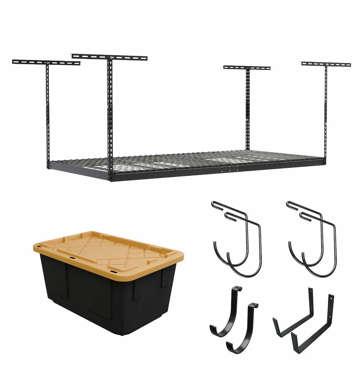 4' x 8' Hammertone Overhead Storage Rack with Black/Yellow Bin and Accessory Package