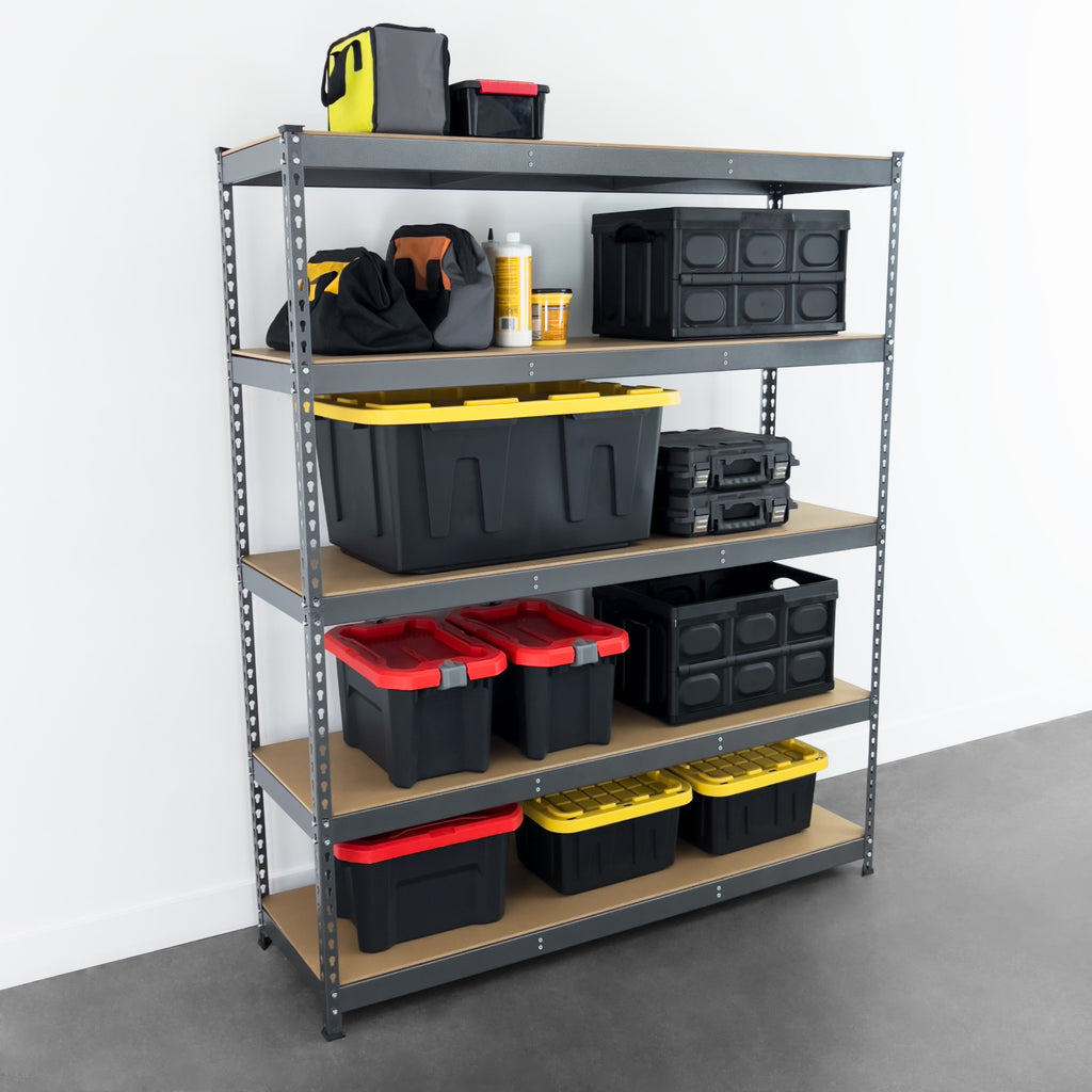 saferacks 18x60x72 garage shelving with storage bins and boxes