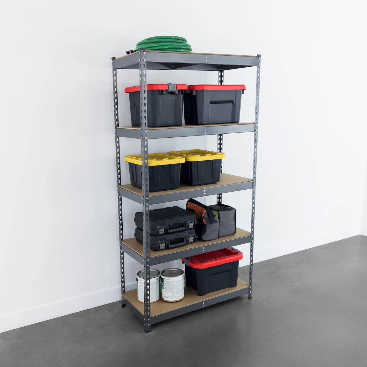 18" x 36" x 72" Garage Shelving in Hammertone holding various items