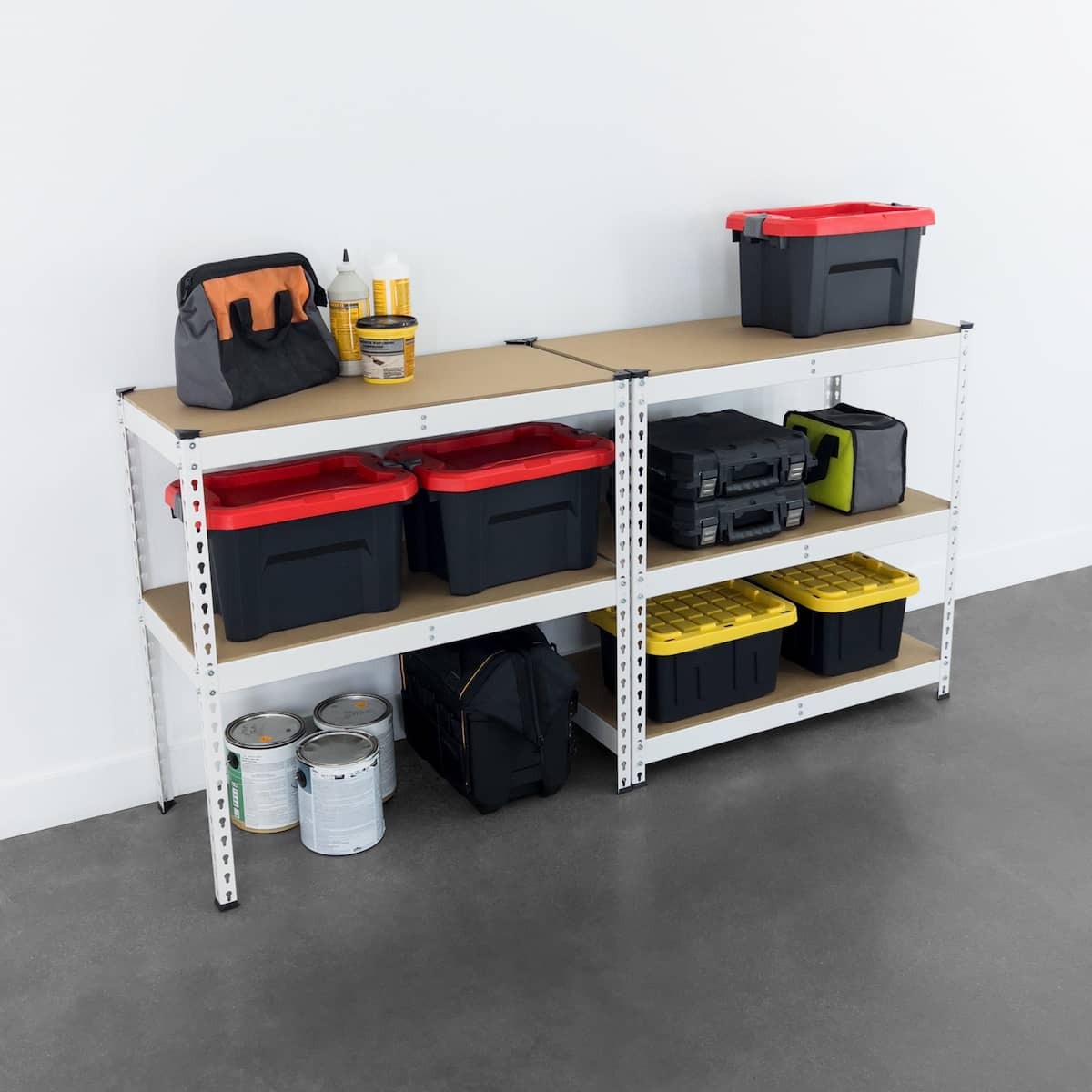 18" x 36" x 72" Garage Shelving Work Bench in White holding various items