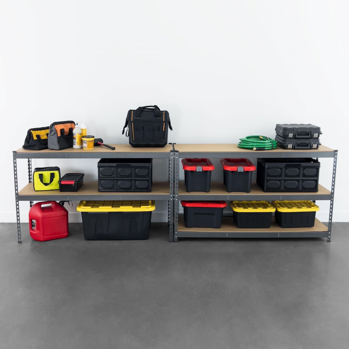 18" x 60" x 72" Garage Shelving Work Bench in Hammertone holding various items