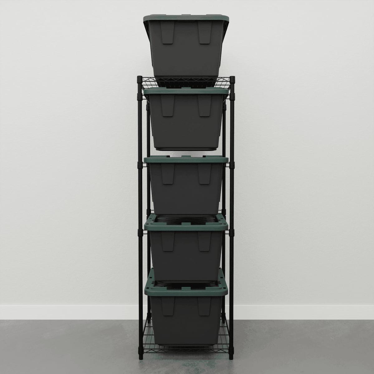 storage bin rack with black storage bins 