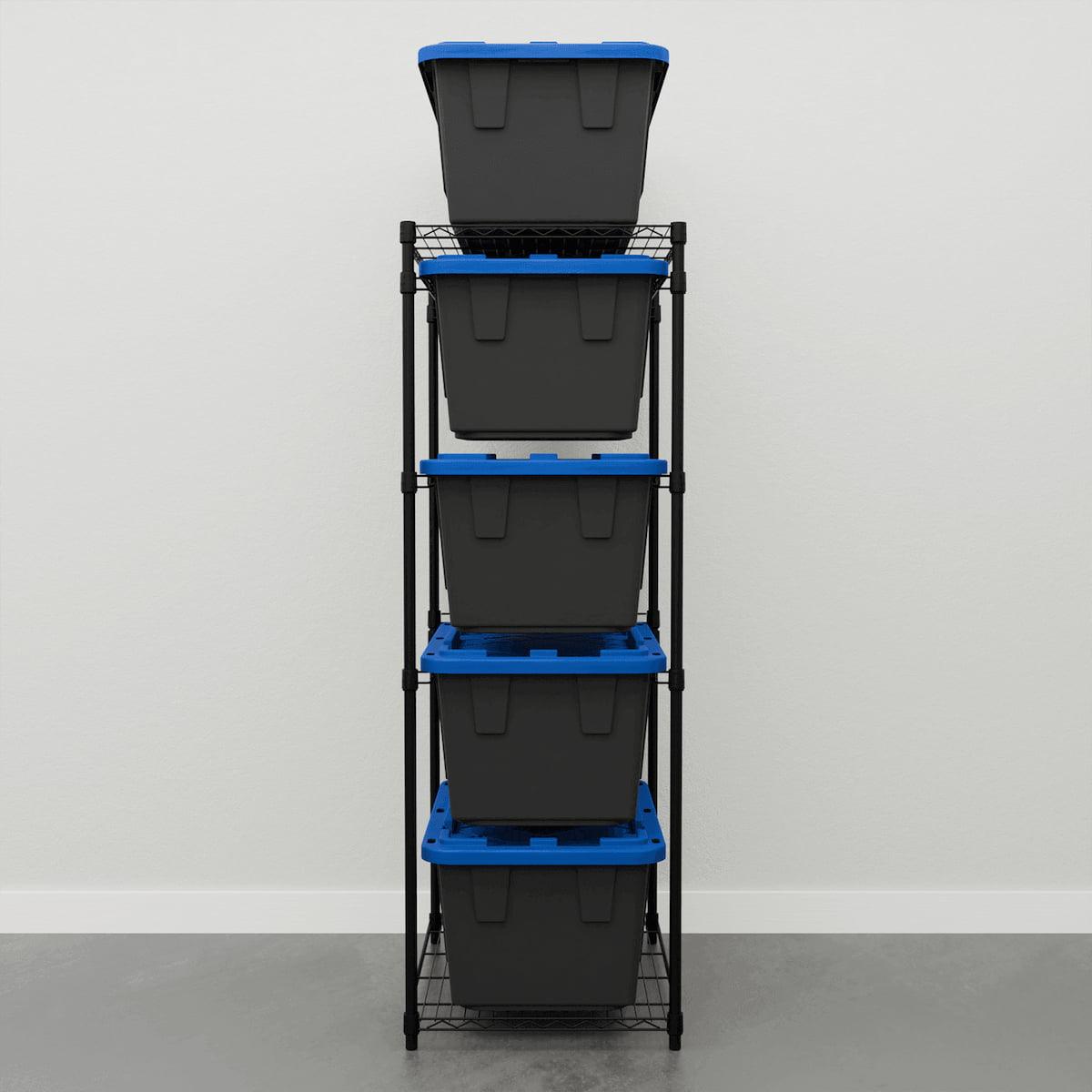 storage bin rack with black storage bins 