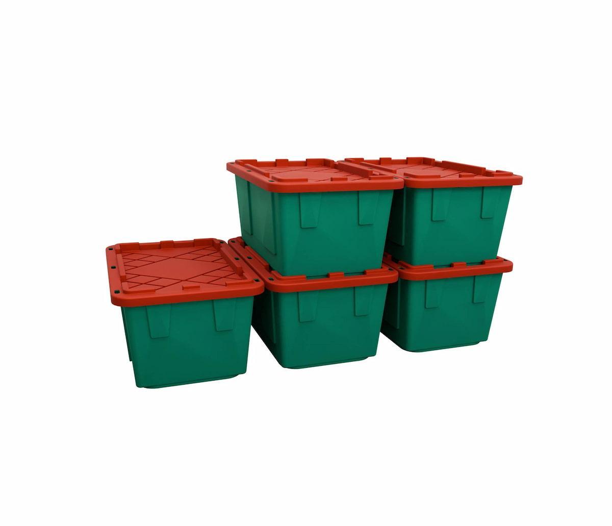 Five green and red bins