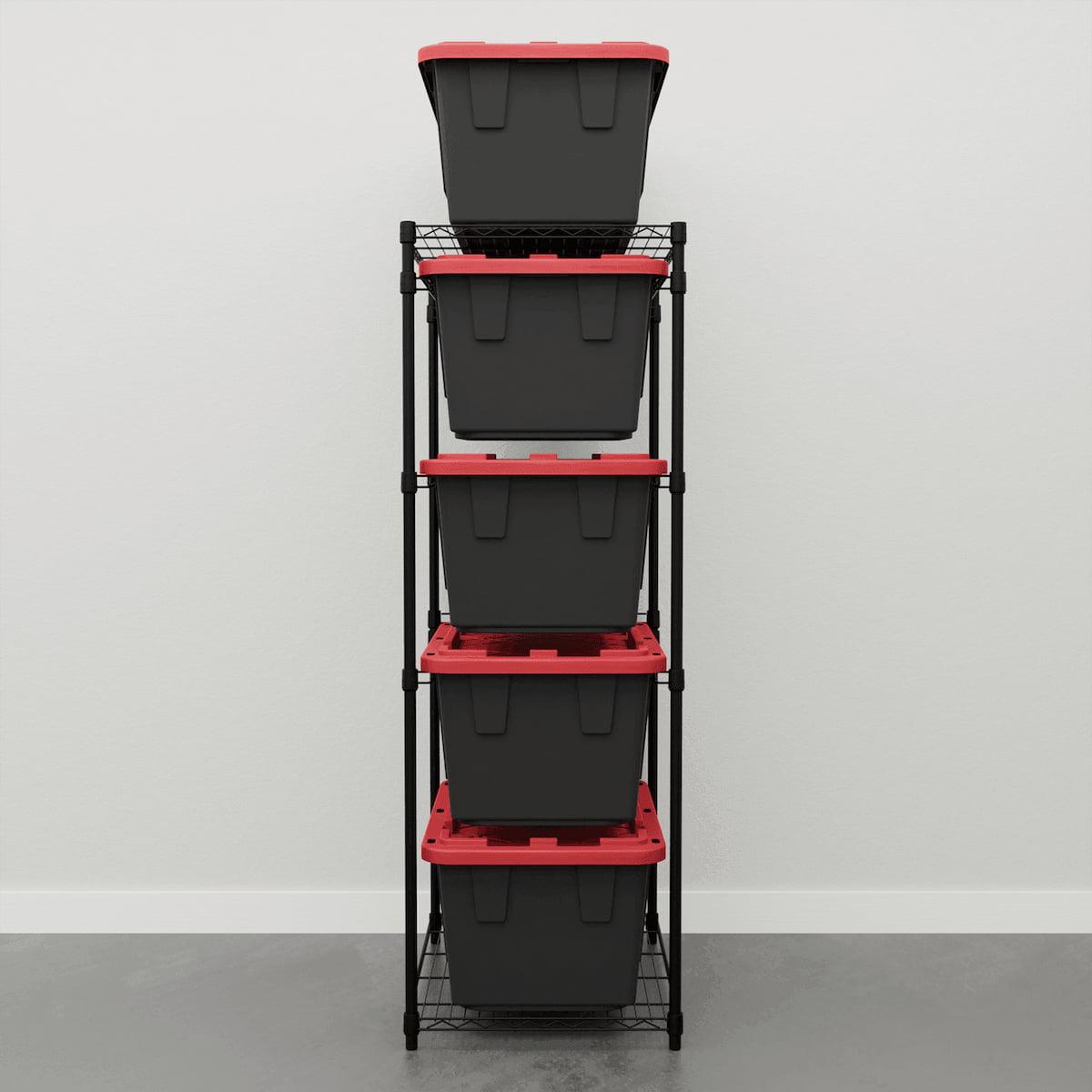 storage bin rack with black storage bins 