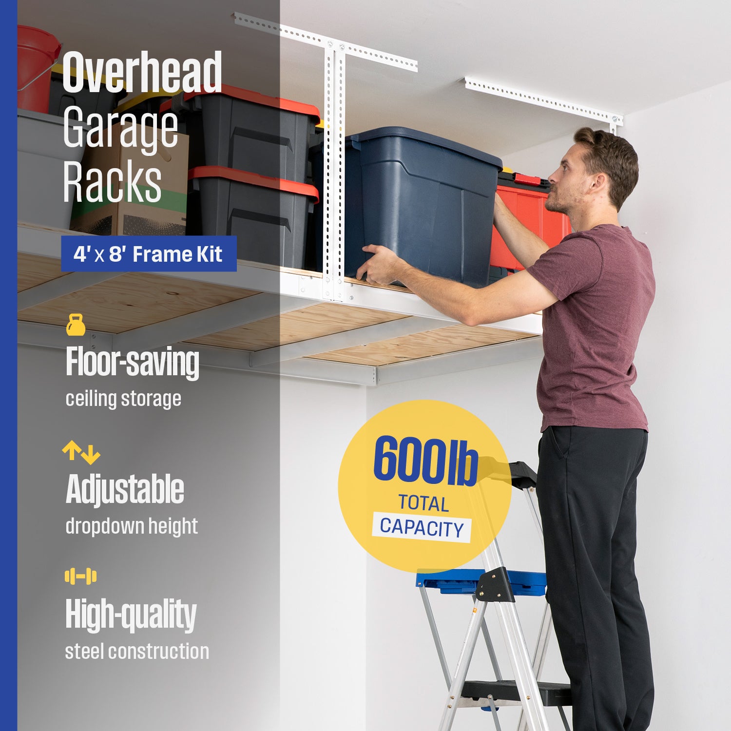 A man reaches for a bin on an overhead garage storage rack. Text overlay reads 'Overhead Garage Racks, 4' x 8' Frame Kit, Floor-saving ceiling storage, Adjustable dropdown height, High-quality steel construction, 600lb total capacity'
