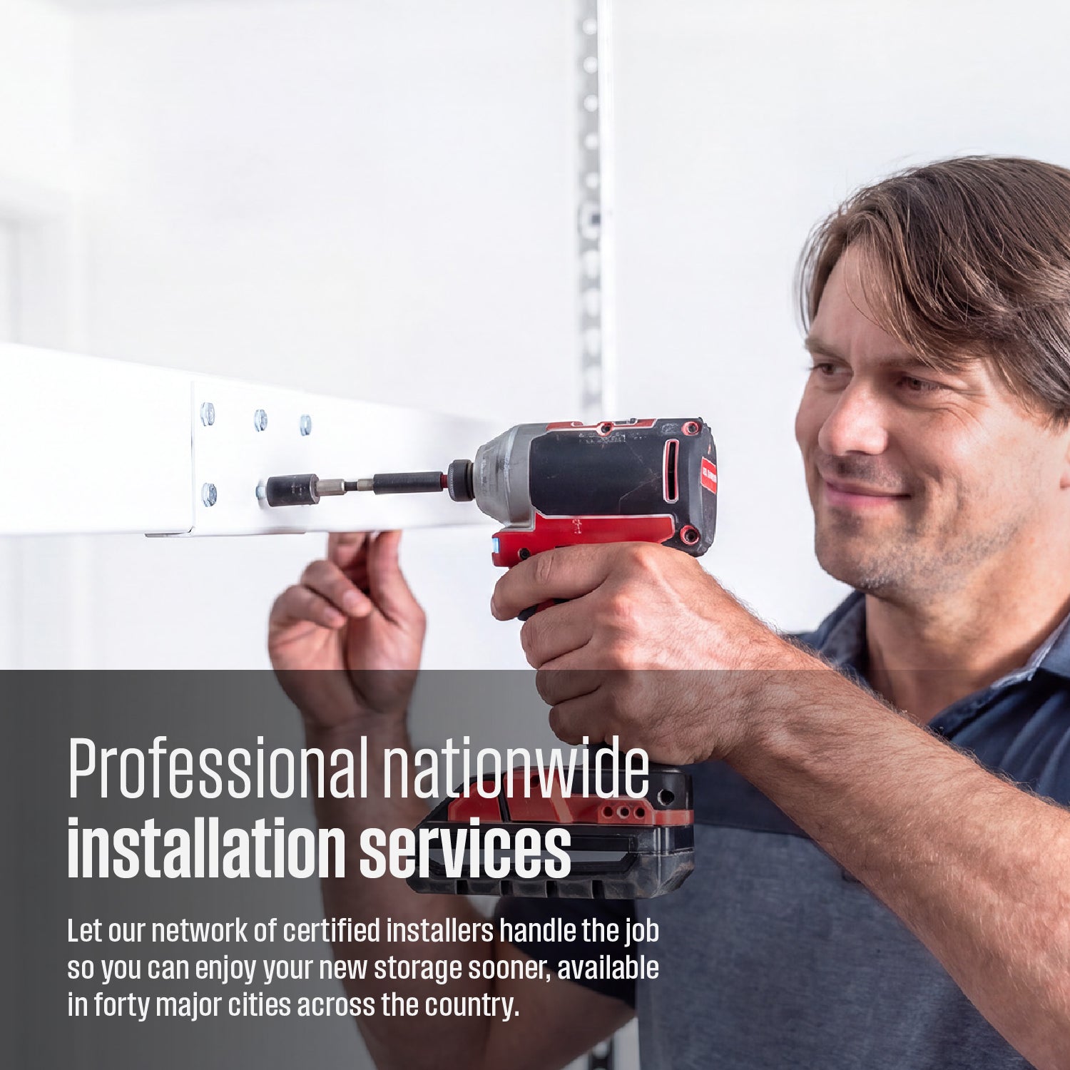 A SafeRacks installer installs a white overhead rack. Text overlay reads 'Professional nationwide installation services, let our network of certified installers handle the job so you can enjoy your new storage sooner, available in forty major cities across the country'