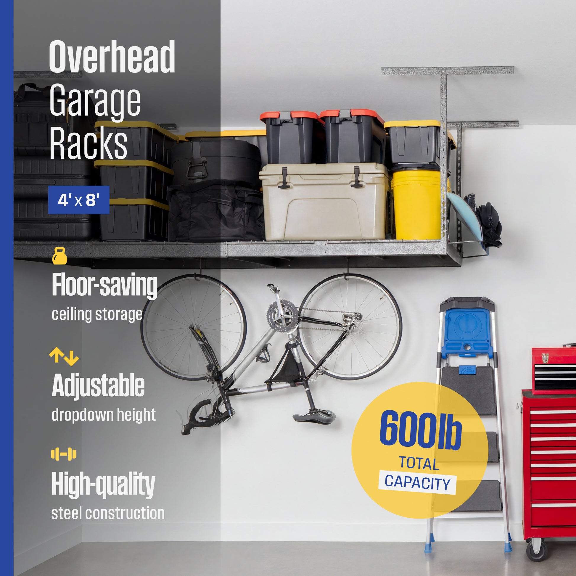 An overhead garage storage rack system shown holding bins, with a bicycle hanging from a hook underneath. Text overlay reads 'Overhead Garage Racks, 4' x 8', Floor-saving ceiling storage, Adjustable dropdown height, High-quality steel construction, 600lb total capacity'