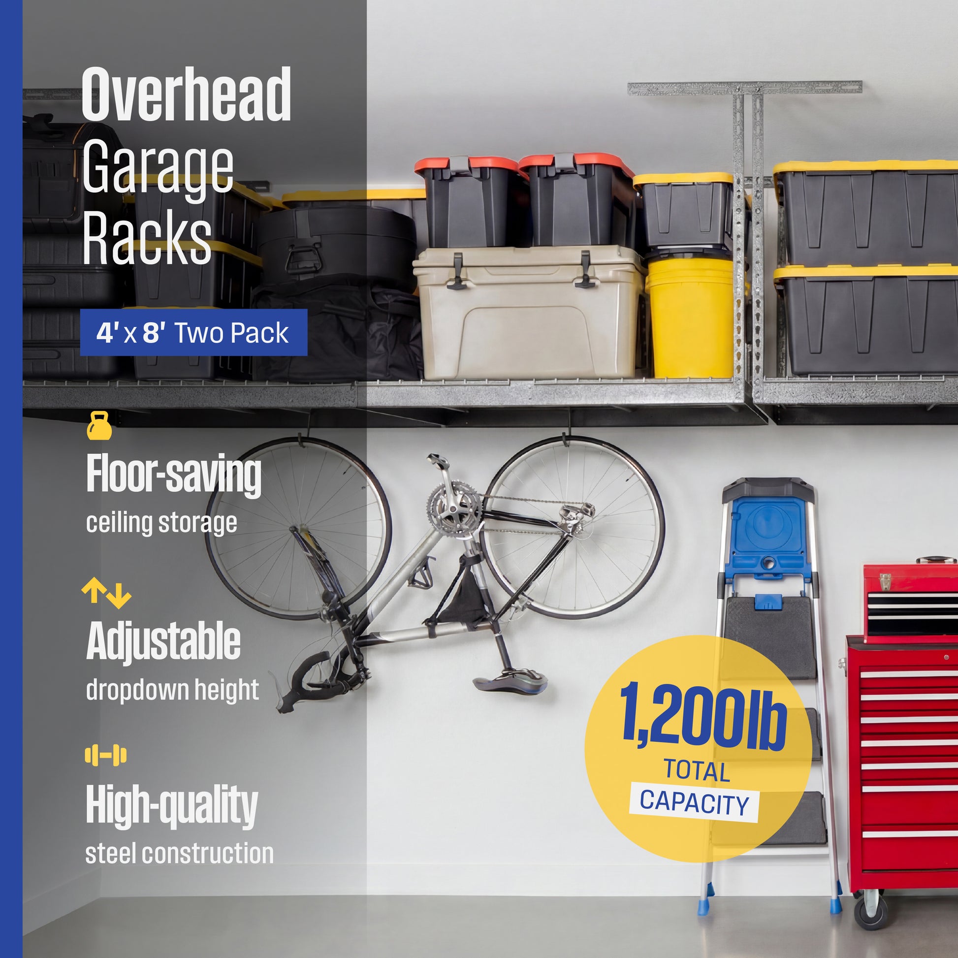 An overhead garage storage rack system shown holding bins, with a bicycle hanging from a hook underneath. Text overlay reads 'Overhead Garage Racks, 4' x 8' Two Pack, Floor-saving ceiling storage, Adjustable dropdown height, High-quality steel construction, 1,200lb total capacity'
