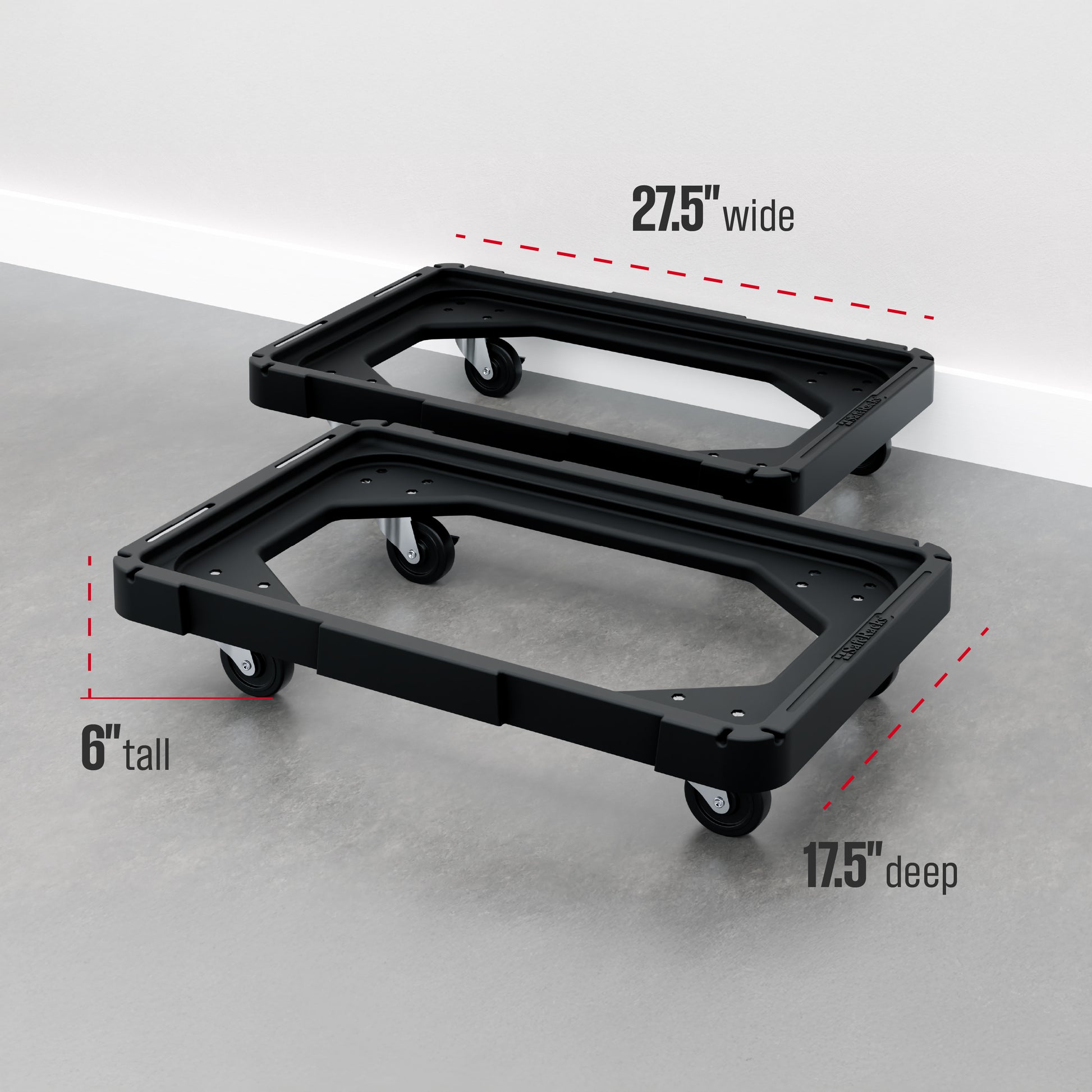 Two black plastic bin dollies side-by-side on a concrete floor. Measurement lines indicate the following dimensions: 27.5 inches wide, 6 inches tall, 17.5 inches deep.