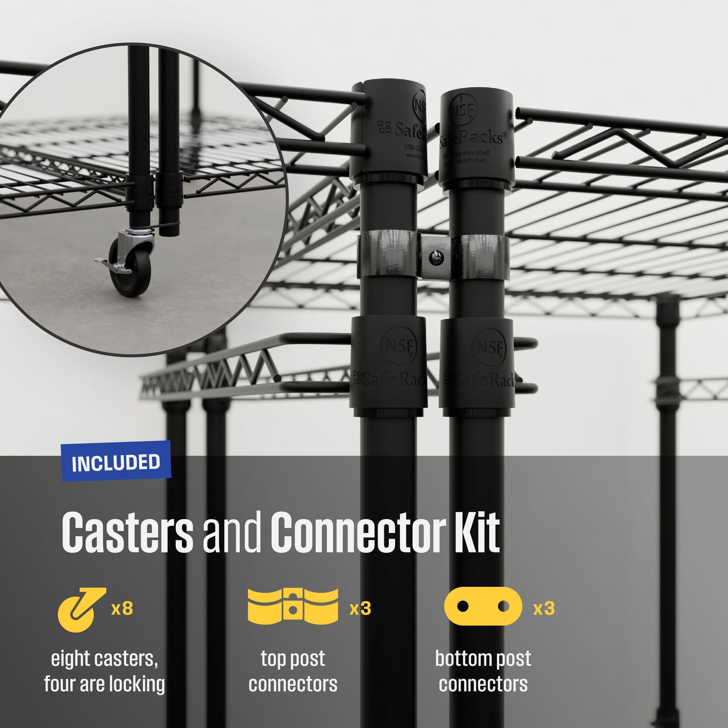 Close-up of black bin rack connector kit accessories, featuring a close-up of the casters installed at the bottom of the bin rack. Overlay text reads 'Included casters and connector kit, eight casters, four are locking, three top post connectors, three bottom post connectors'