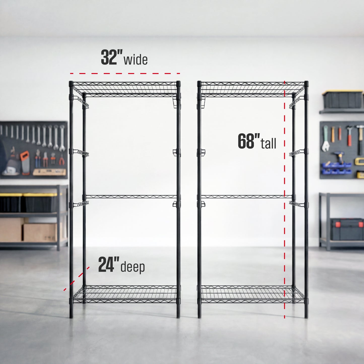Two black side-loading bin racks side-by-side in a garage setting. Measurement lines indicate the following dimensions: 32 inches wide, 68 inches tall, 24 inches deep.