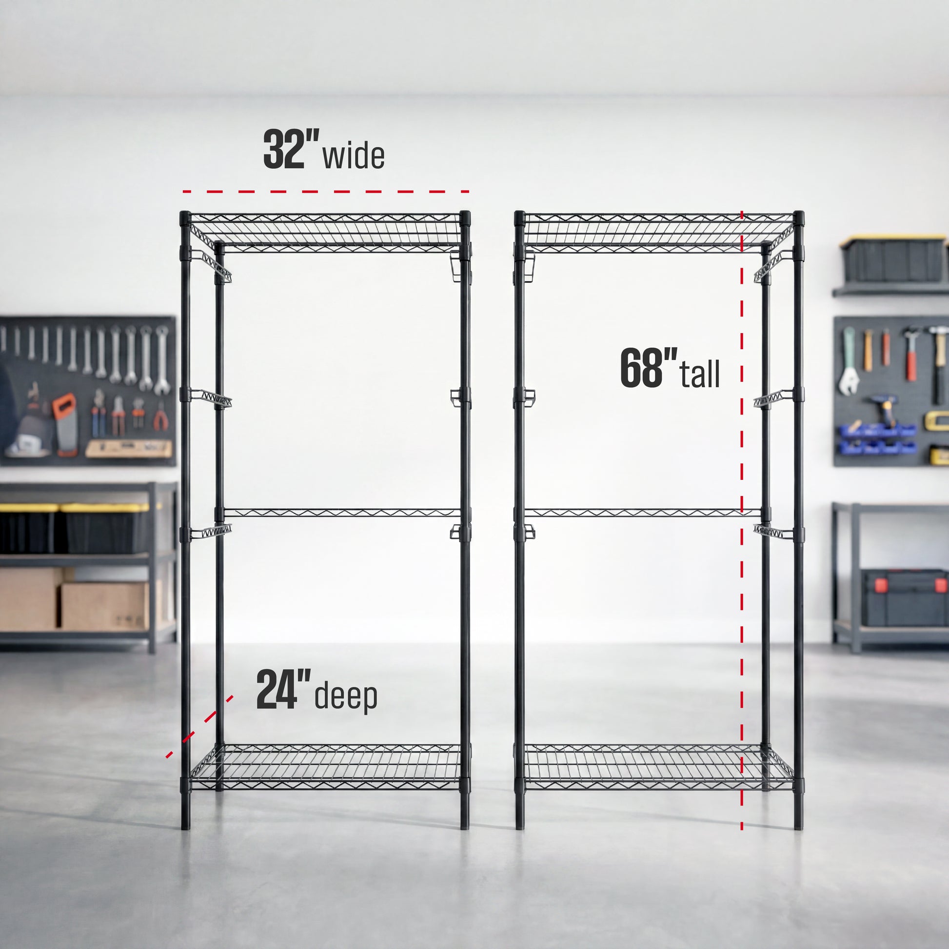 Two black side-loading bin racks side-by-side in a garage setting. Measurement lines indicate the following dimensions: 32 inches wide, 68 inches tall, 24 inches deep.