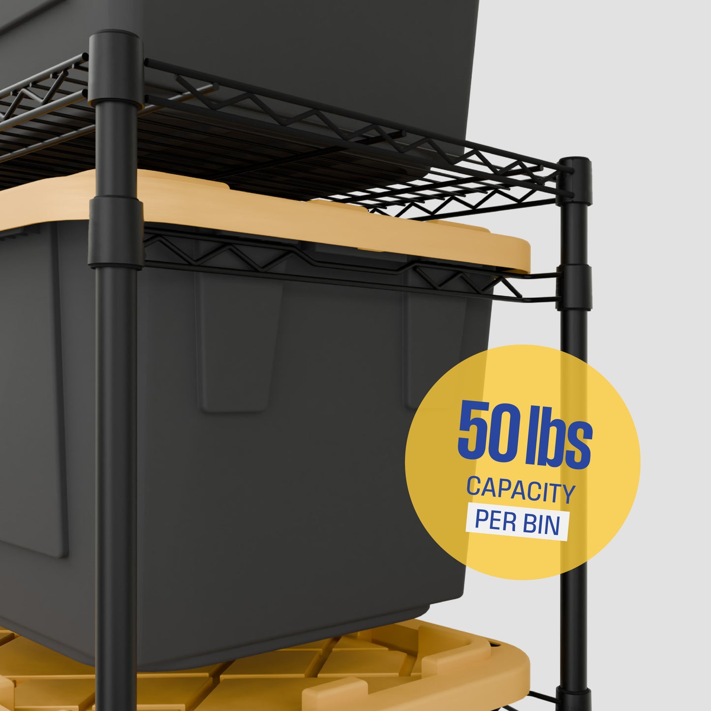 Black metal wire bin rack with black bins and yellow lids, featuring a yellow circular badge that reads '50 lbs capacity per bin'