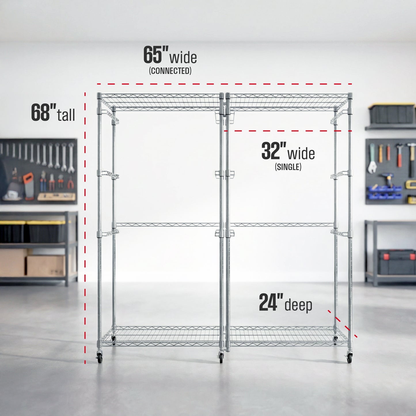 Two silver side-loading bin racks side-by-side in a garage setting, connected with a silver connector kit. Measurement lines indicate the following dimensions: 65 inches wide connected, 32 inches wide single, 68 inches tall, 24 inches deep.