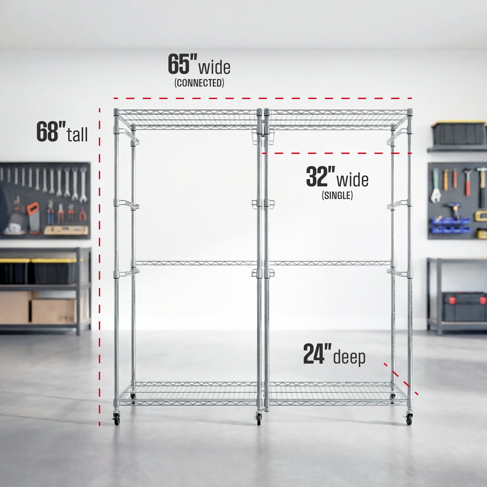Two silver side-loading bin racks side-by-side in a garage setting, connected with a silver connector kit. Measurement lines indicate the following dimensions: 65 inches wide connected, 32 inches wide single, 68 inches tall, 24 inches deep.