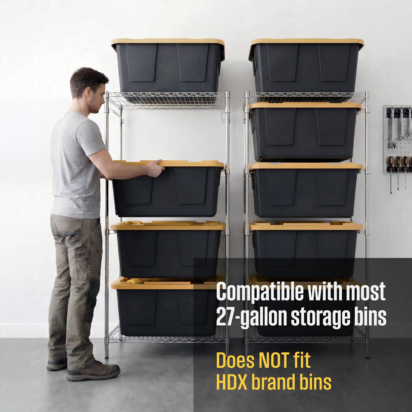 A man slides a black and yellow storage bin into a silver side-loading bin rack. Another full bin rack is next to it. Text overlay reads 'Compatible with most 27-gallon storage bins, does NOT fit HDX brand bins'