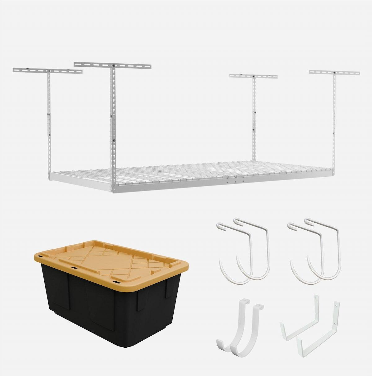 4' x 8' Overhead Garage Storage Rack with black and yellow bin and accessory package