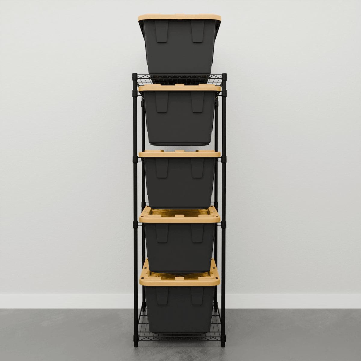 storage bin rack with black storage bins 