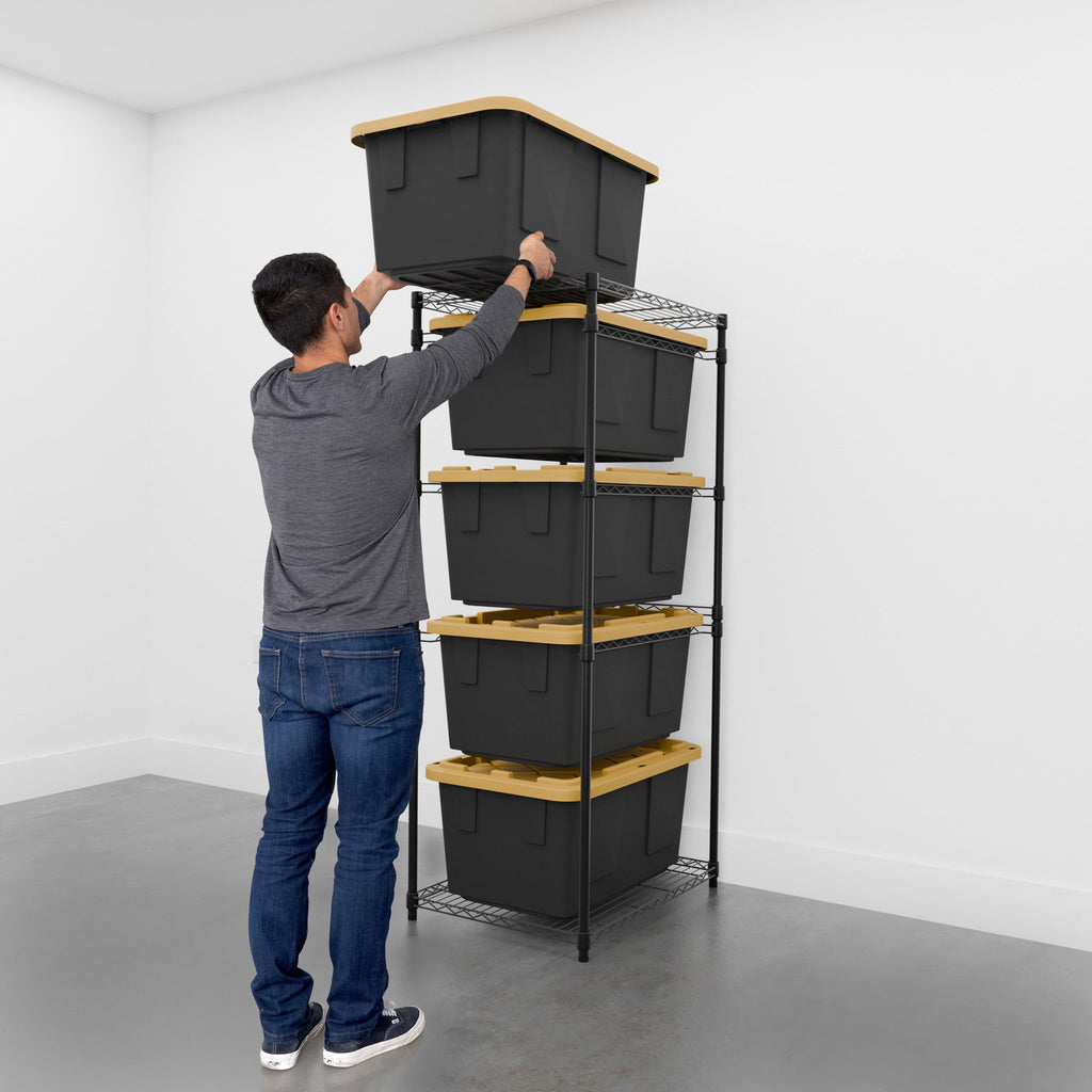 black bin rack with person removing top bin