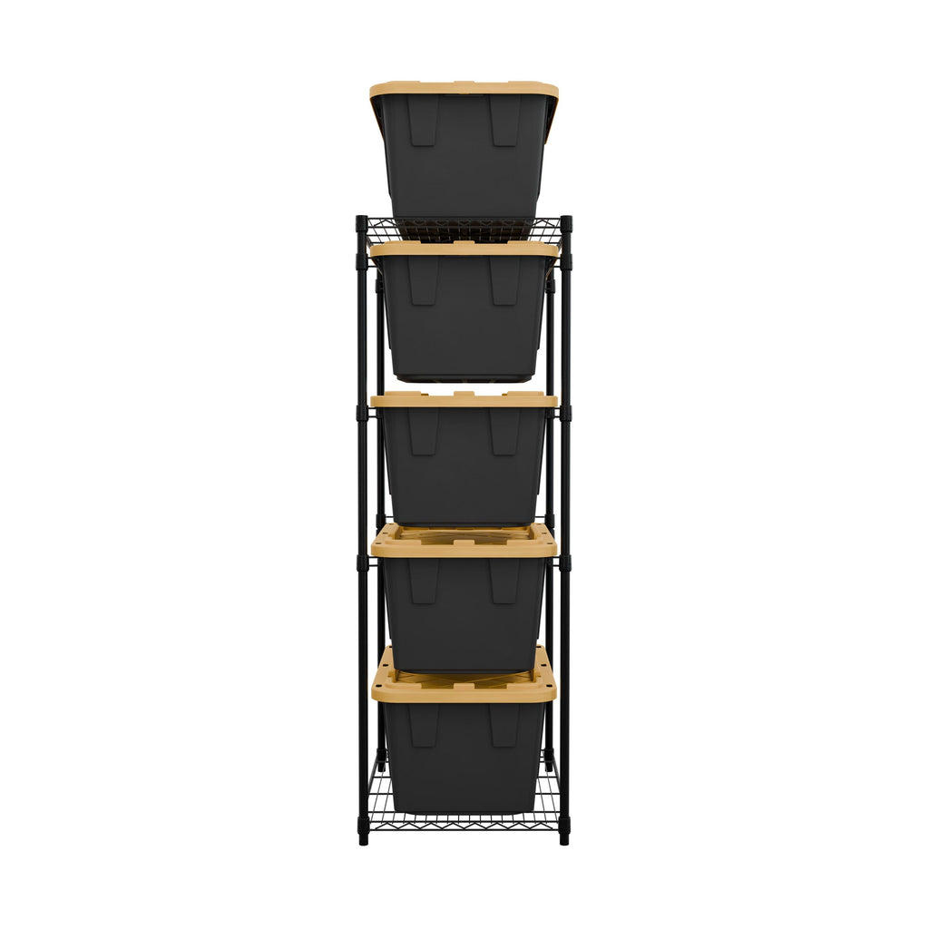 black bin rack with bins