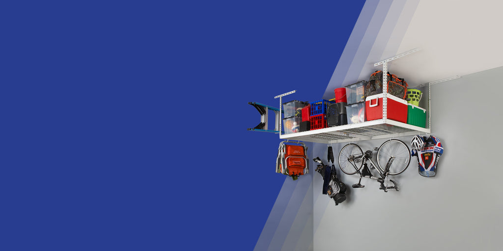 overhead storage rack with bikes, bins, and other items
