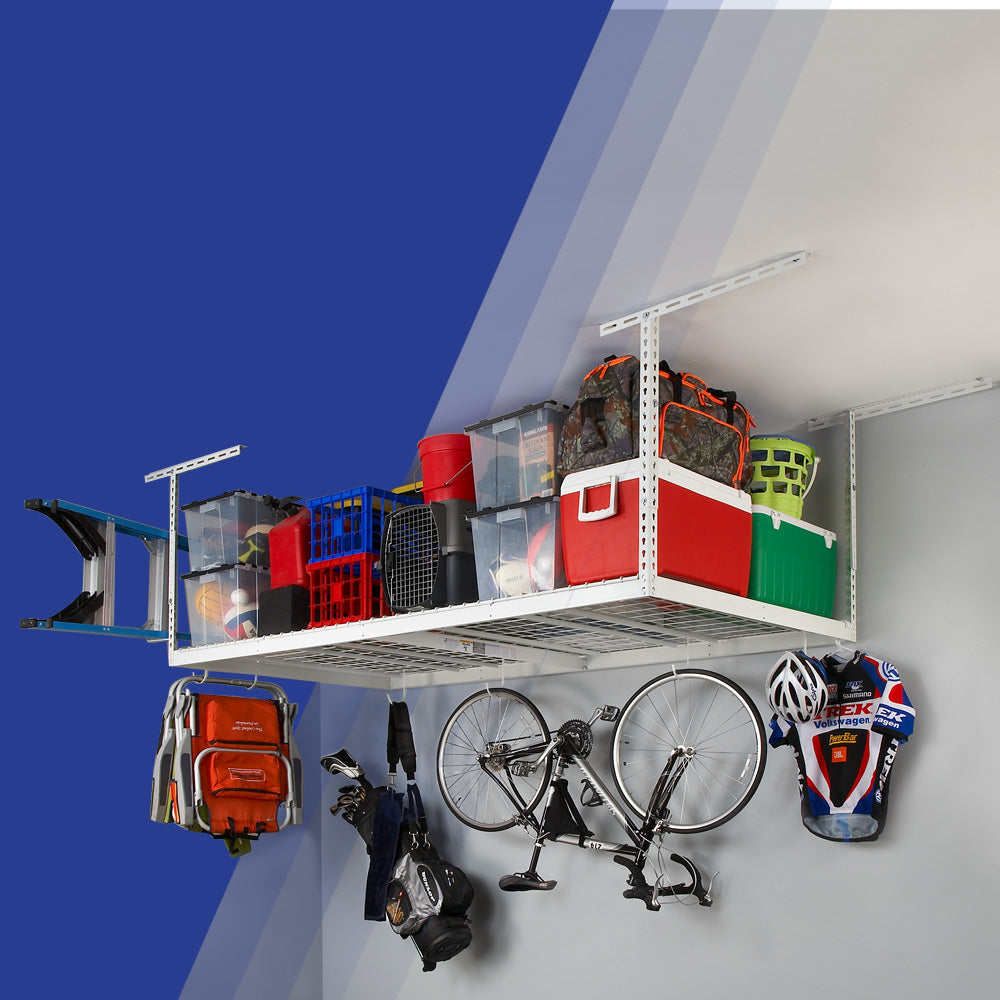overhead storage rack with bikes, bins, and other items