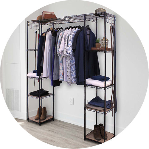 adjustable clothing rack with clothes and shoes