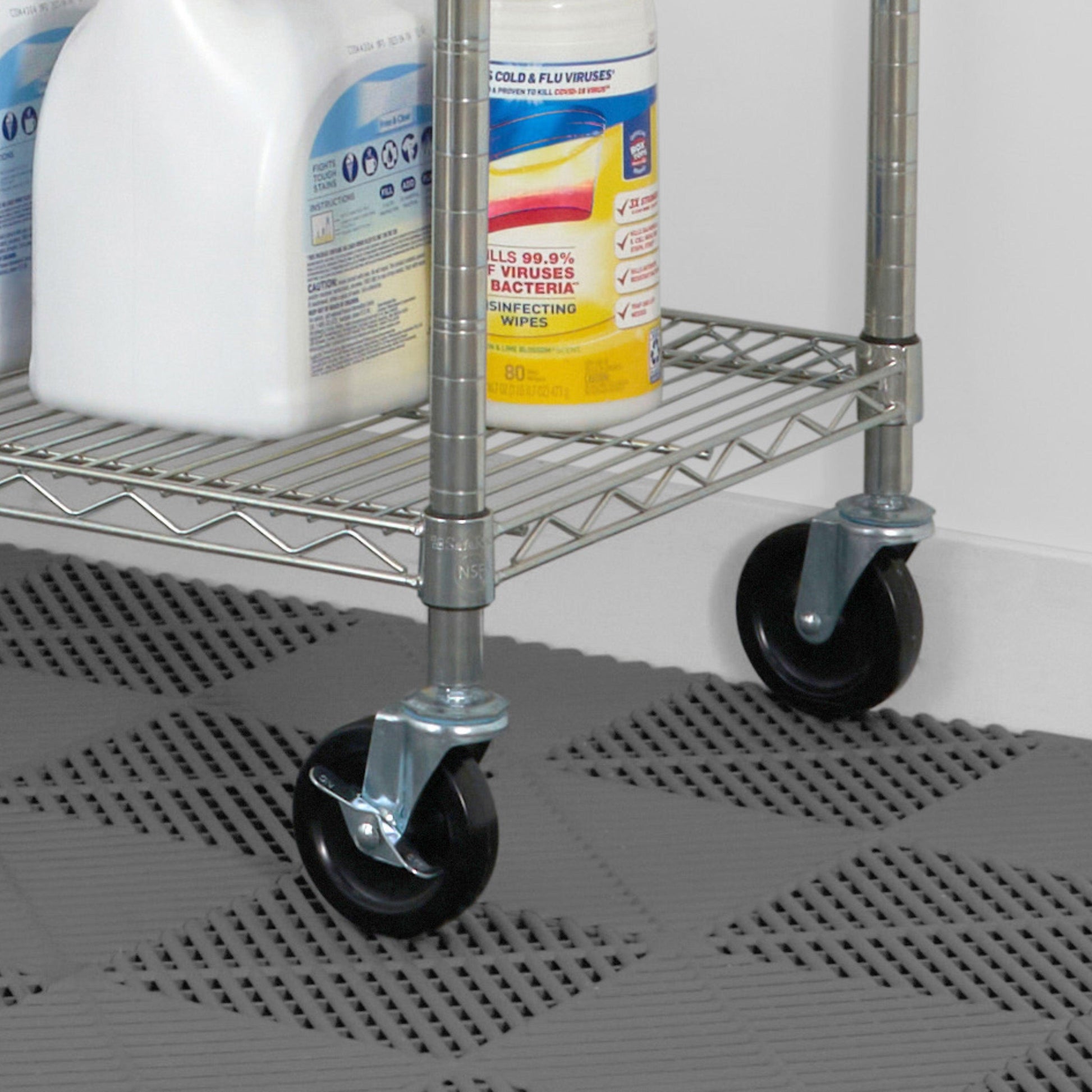 close up of wire shelf on garage flooring