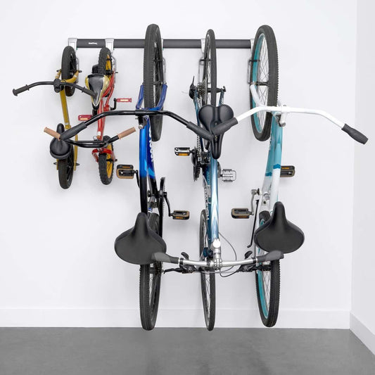 garage track system and adjustable bike hooks loaded with adult bicycles and kids bicycles (7726746599638)