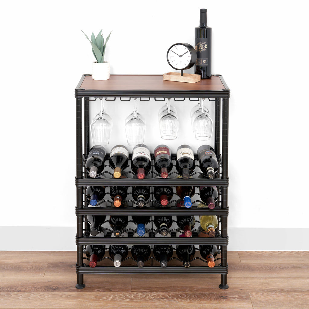 wine rack full with wine bottle, wine glasses, and decorations 