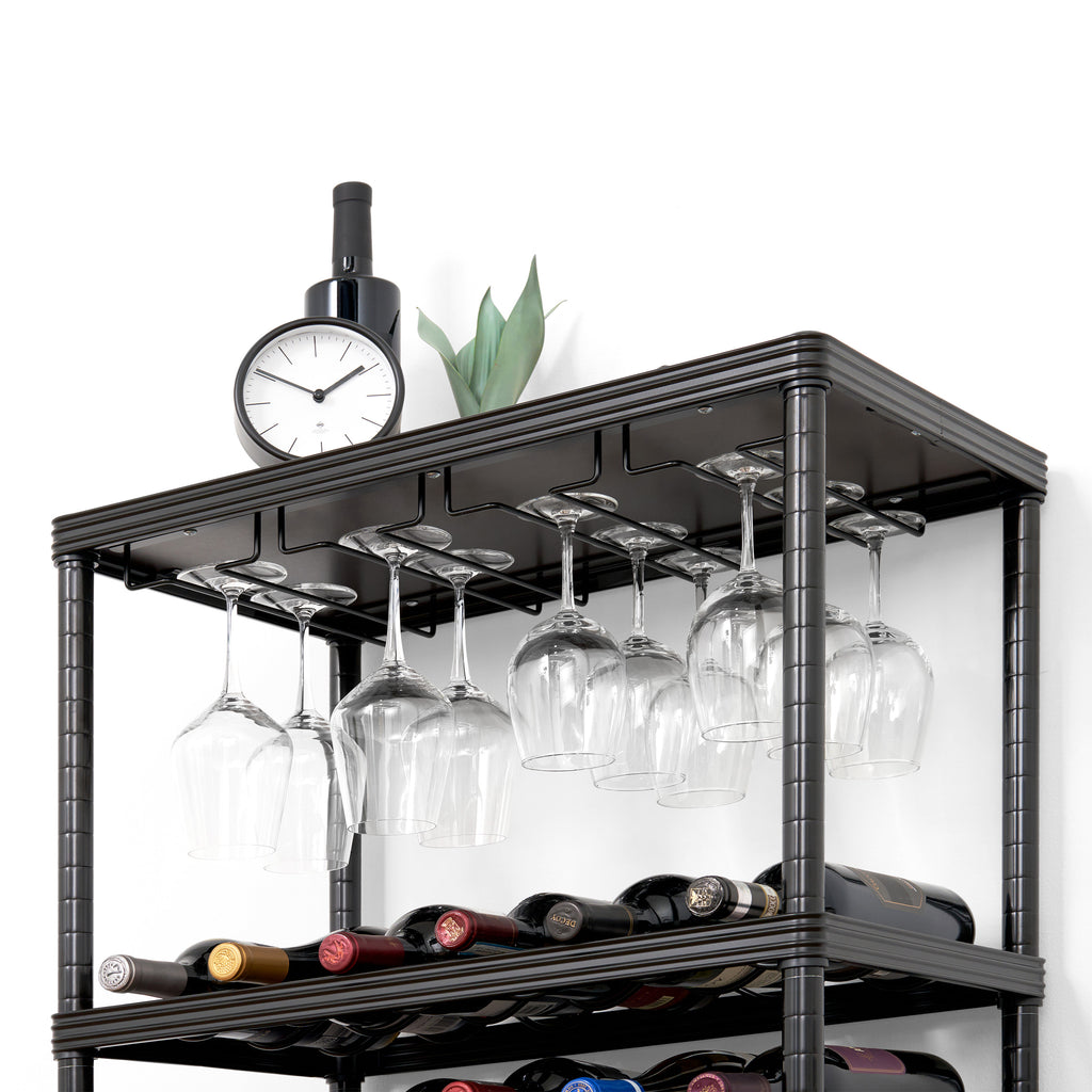 wine rack full with wine bottle, wine glasses, and decorations 
