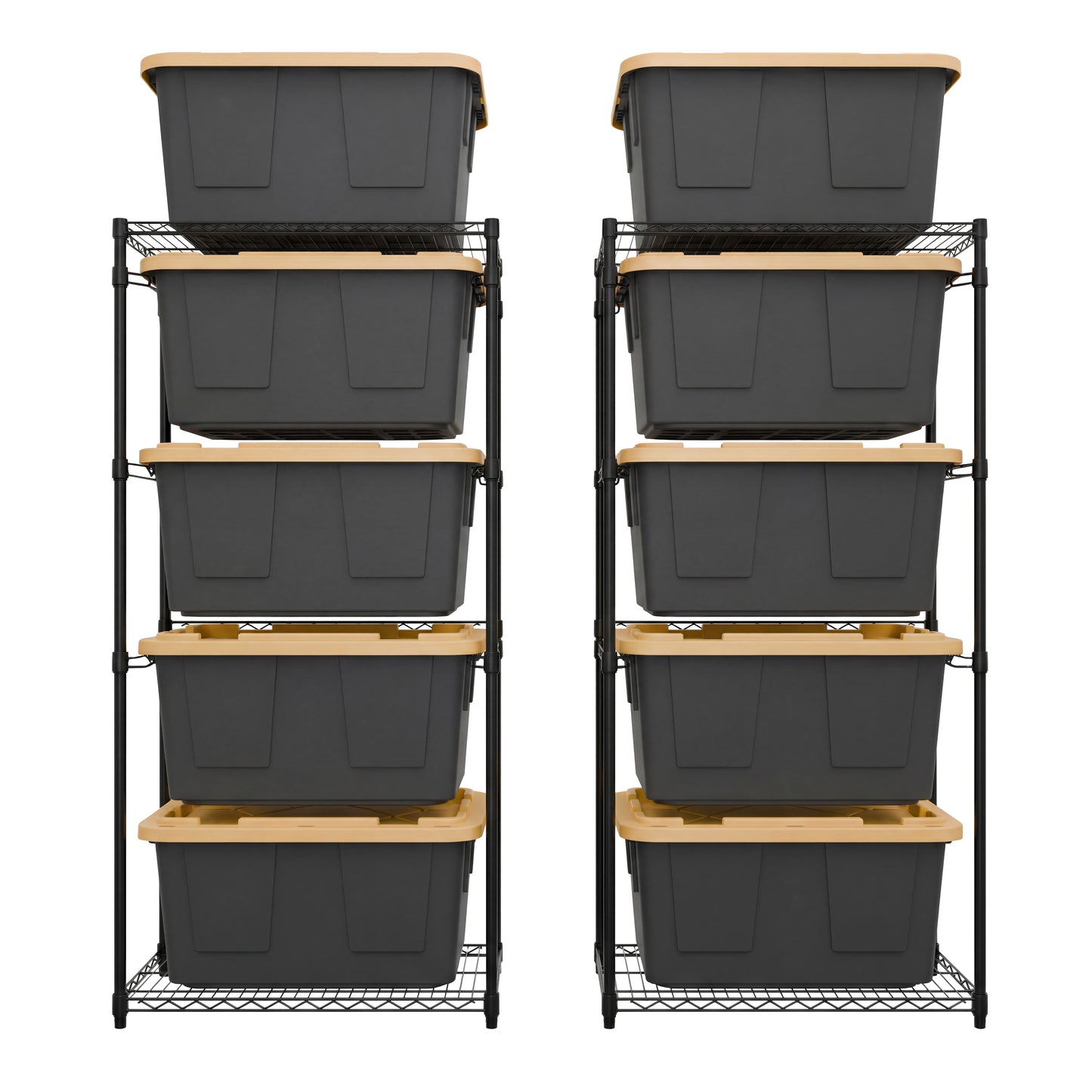 Two black side-loading bin racks side-by-side, each loaded with five black and yellow storage bins.