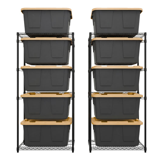 Two black side-loading bin racks side-by-side, each loaded with five black and yellow storage bins.