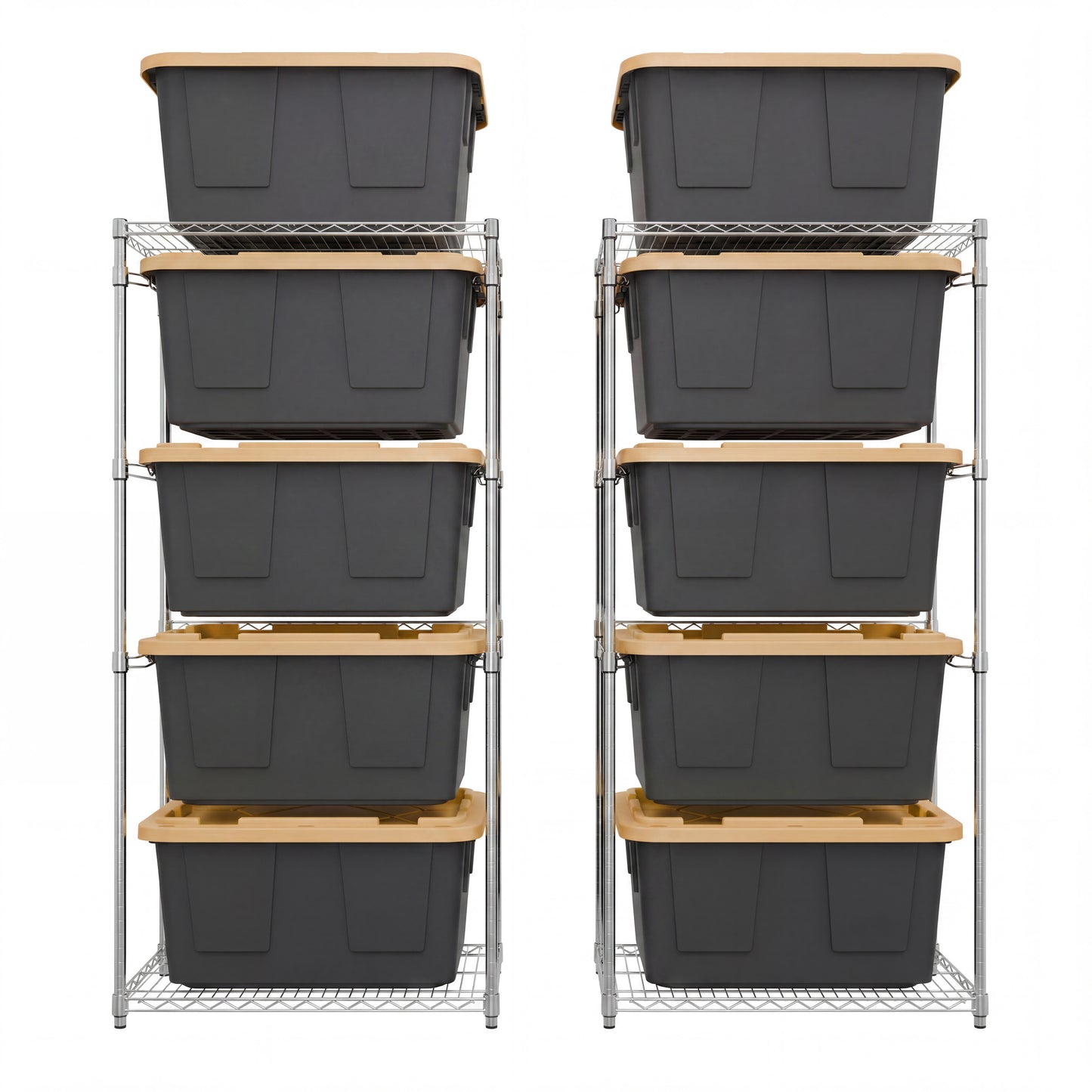 Two silver side-loading bin racks side-by-side, each loaded with five black and yellow storage bins.