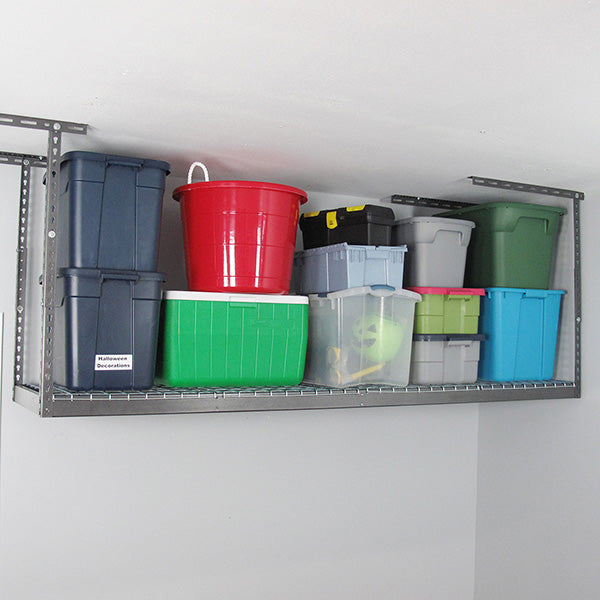 saferacks overhead garage storage rack loaded with bins and coolers