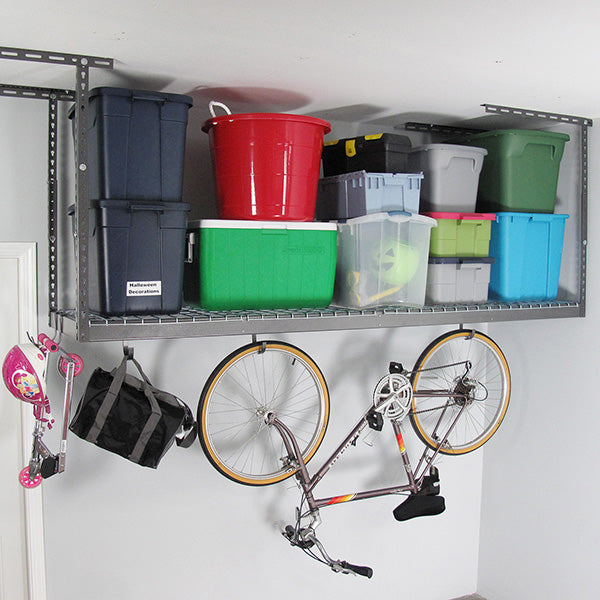 saferacks overhead garage storage rack loaded with bins and bicycle hanging from accessory hooks
