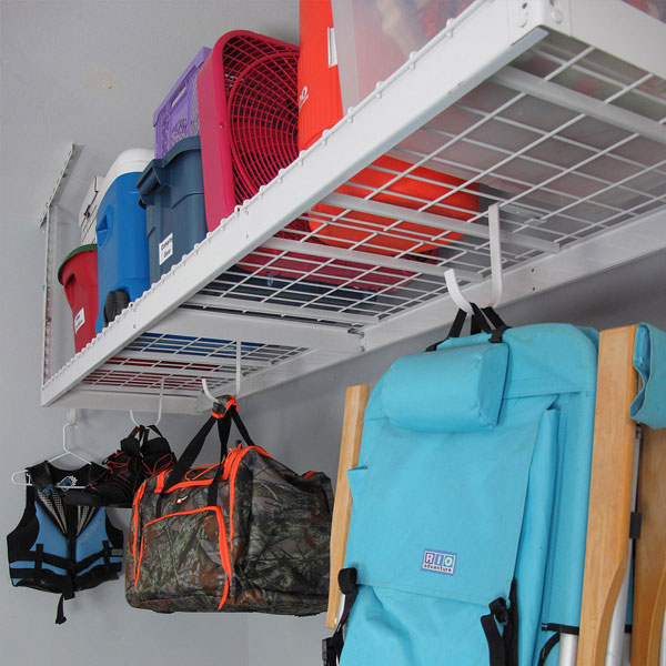saferacks overhead garage storage rack with bind and bags and chairs hanging from accessory hooks