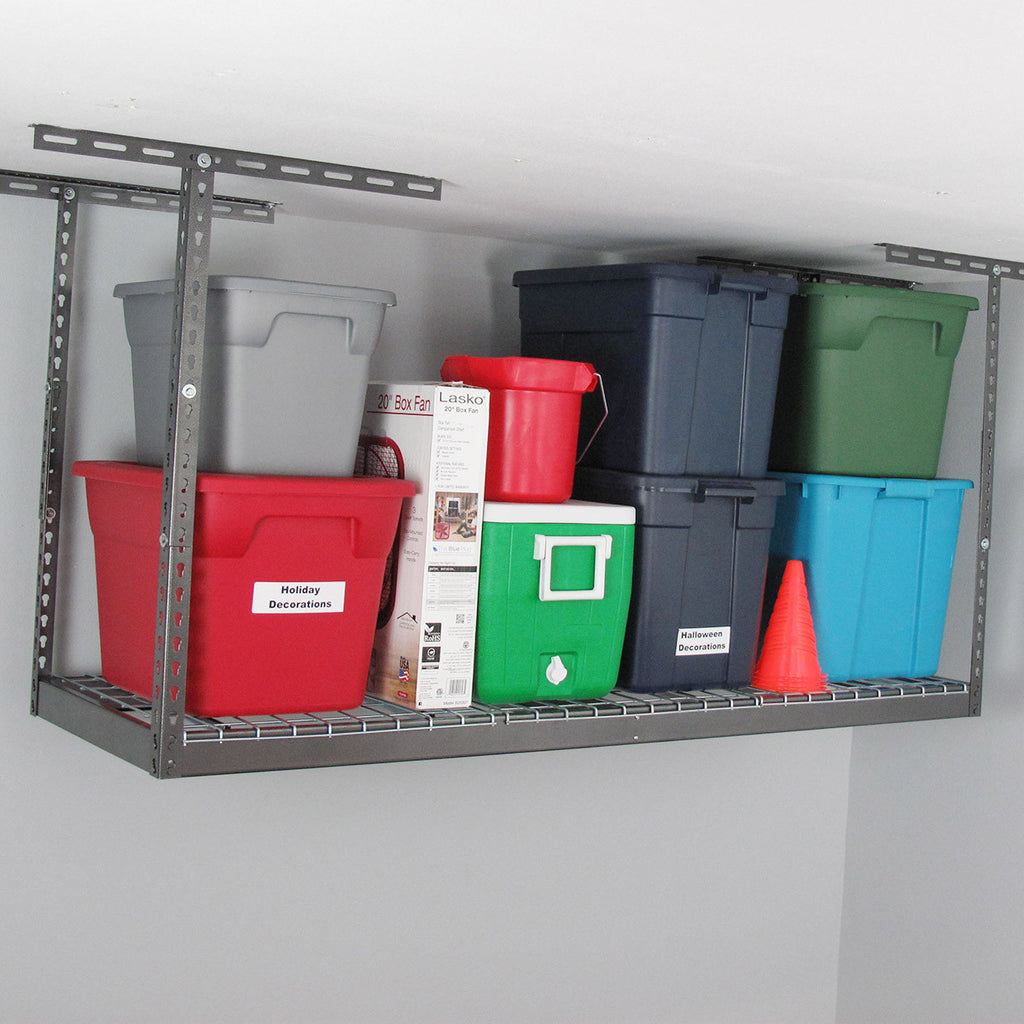 saferacks overhead garage storage rack with storage bins and boxes