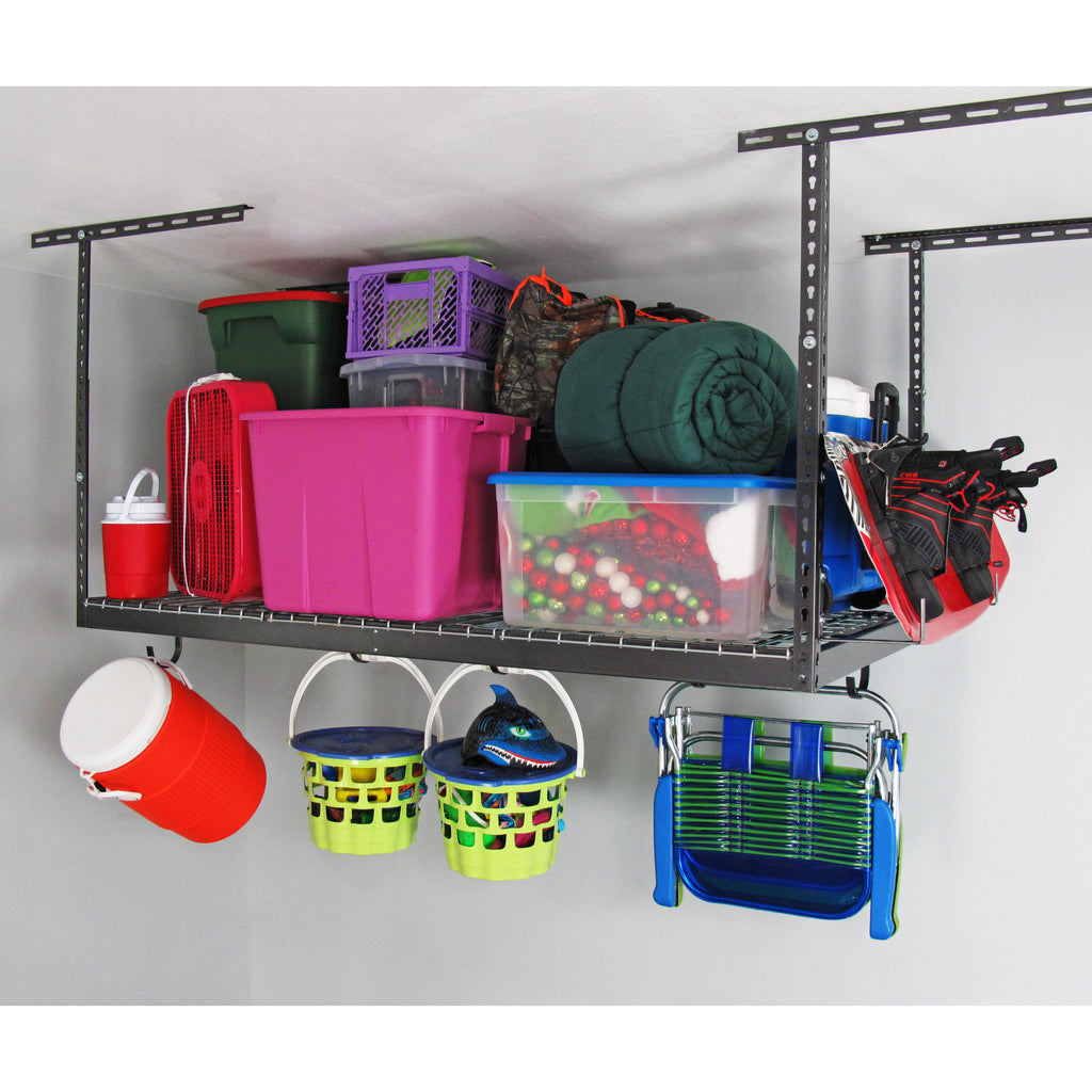 gray overhead rack with bucket, boxes, boards and chair