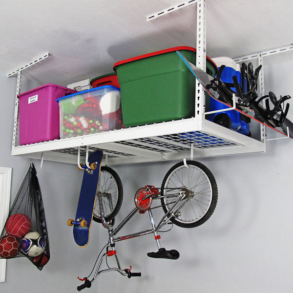 saferacks overhead garage storage rack with bicycle, boards, and bins