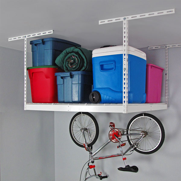 saferacks overhead garage storage rack with coolers, boxes, and bike hanging from accessory hook