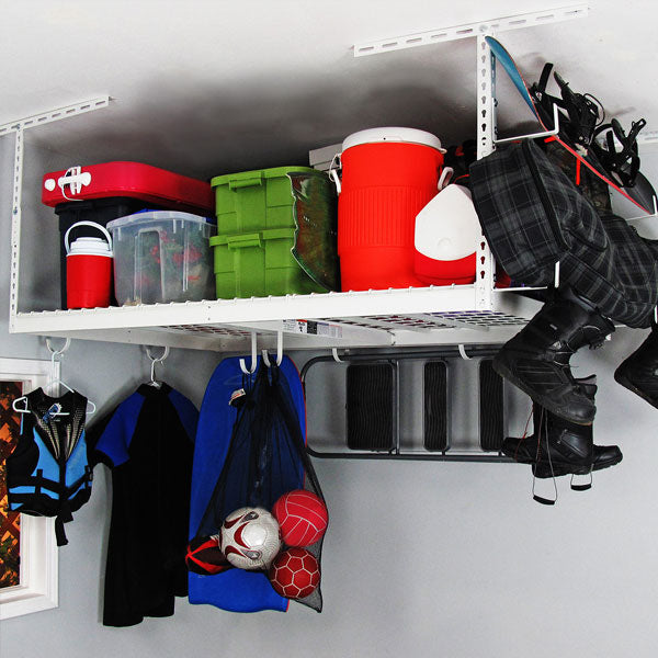 saferacks overhead garage storage rack with boards, bins and sports equipment