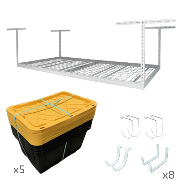 saferacks 4x8 overhead garage storage rack with 5 storage bins and accessory hooks