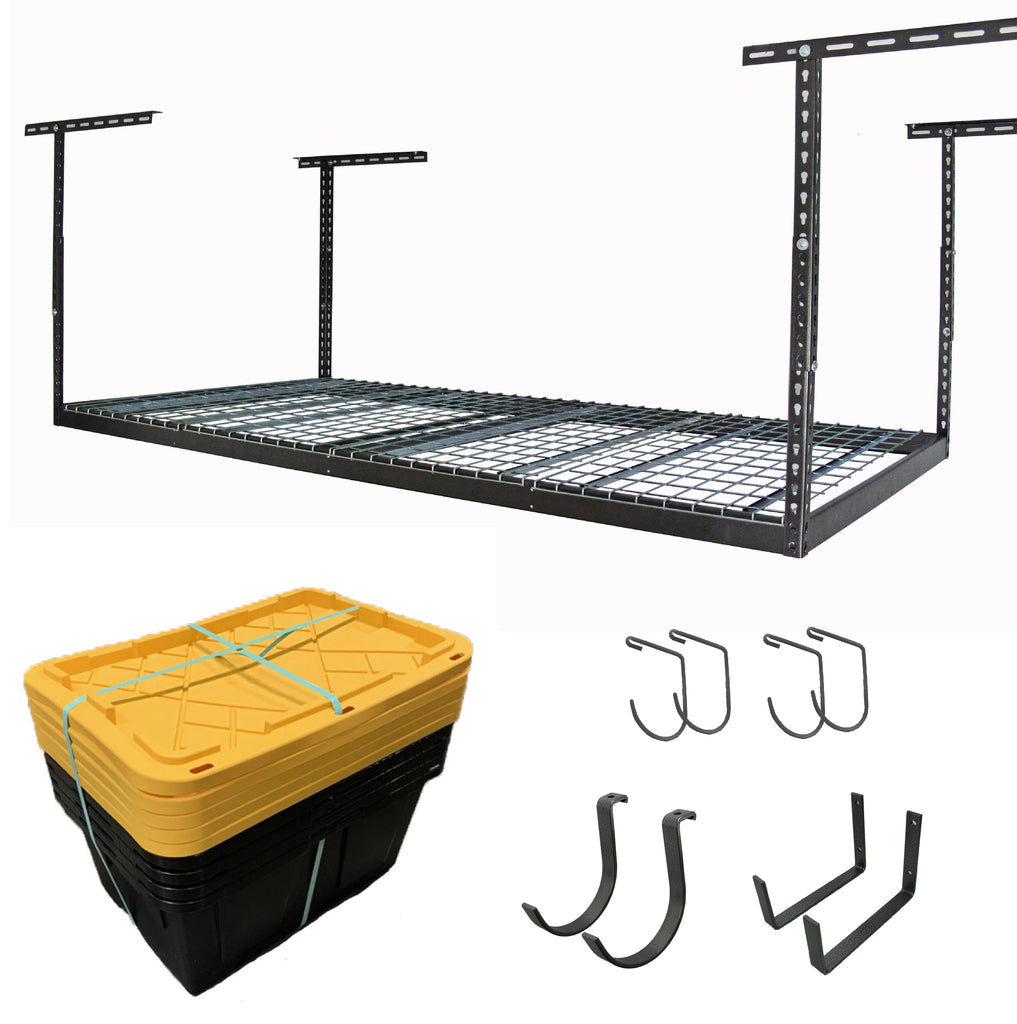 saferacks 4x8 overhead garage storage rack with 5 storage bins and accessory hooks